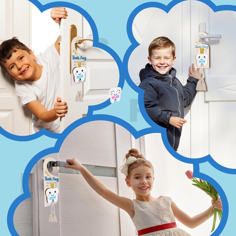 ZingFsh Tooth Fairy Tooth Holder，Tooth Fairy Door Hanger with Money Slot, Gold Coins and Cute Bags，Tooth Fairy Gifts for Girls Boys, First Milk Teeth Loss Tooth Fairy Pouch (Blue) - Image 5